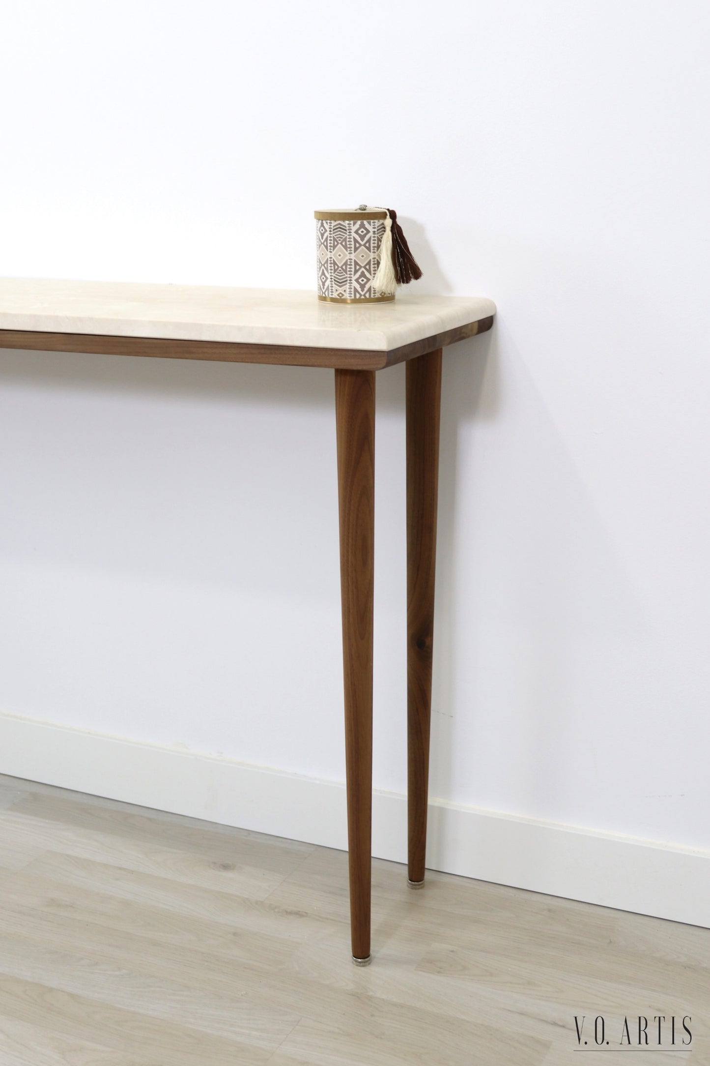 Narrow console table with 4 Legs in solid American Walnut and Marble top