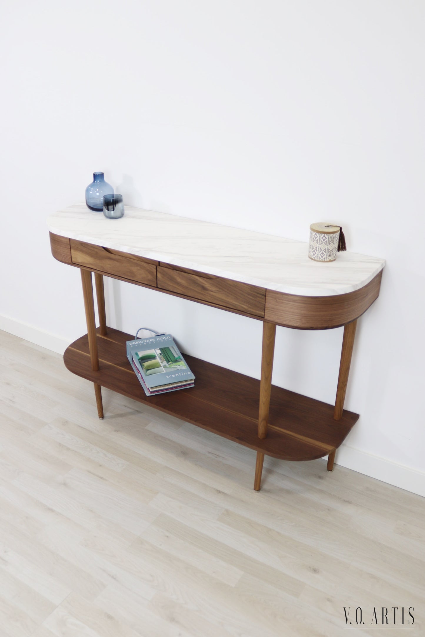 Console Table with 2 drawers, shelf and 4 Legs in solid American Walnut with Marble top