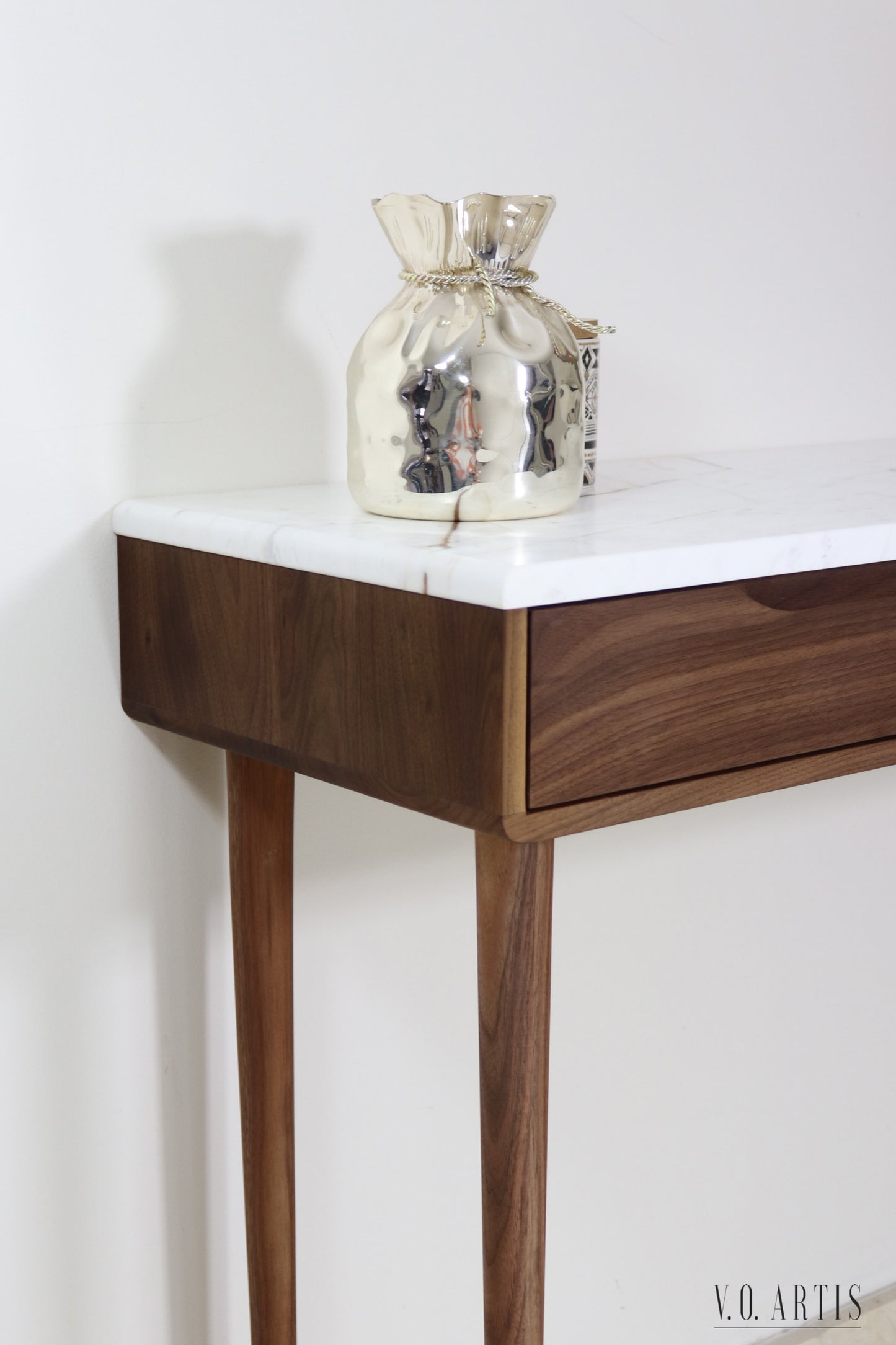 Console Table with 2 drawers and 4 legs in solid american Walnut our Oak with marble top