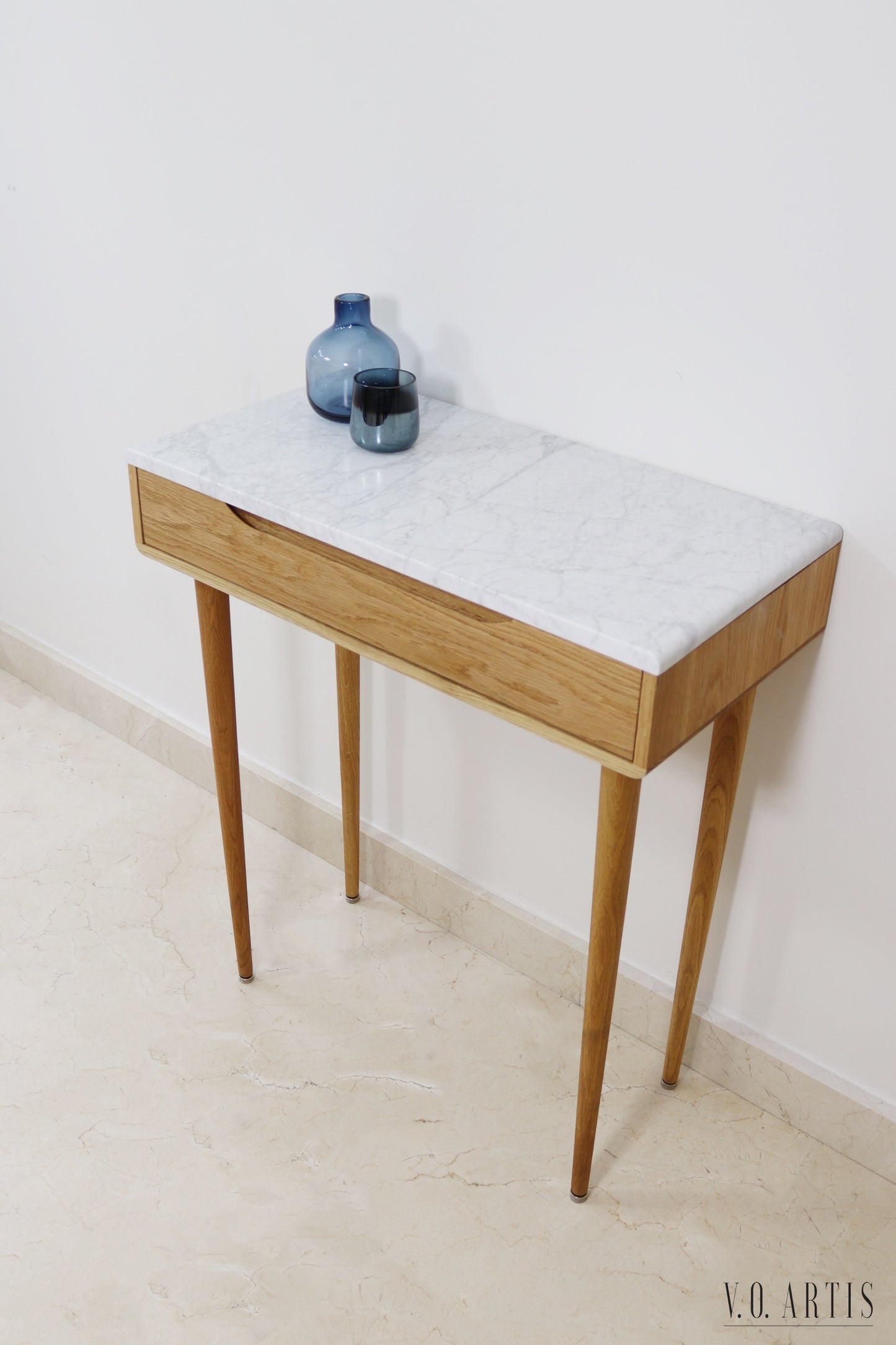 Midcentury console table with 1 drawer and 4 Legs in solid american Oak with Marble top