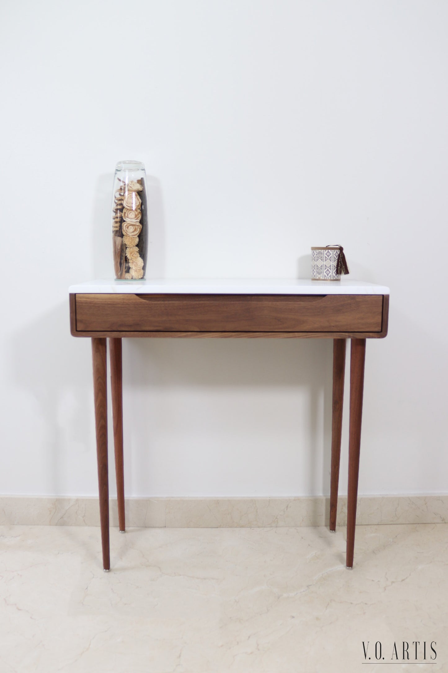 Midcentury console table with 1 drawer and 4 Legs in solid american Walnut with Marble top