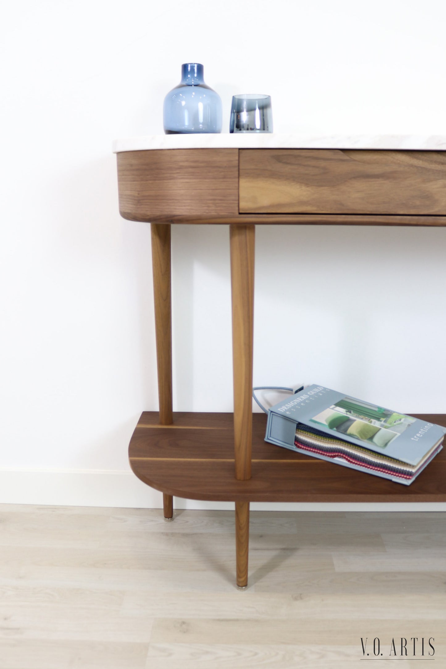 Console Table with 2 drawers, shelf and 4 Legs in solid American Walnut with Marble top