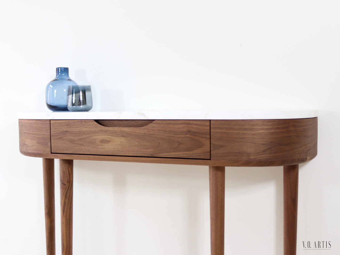 Entryway Console Table with 1 drawer and 4 Legs in solid American Walnut with Marble top