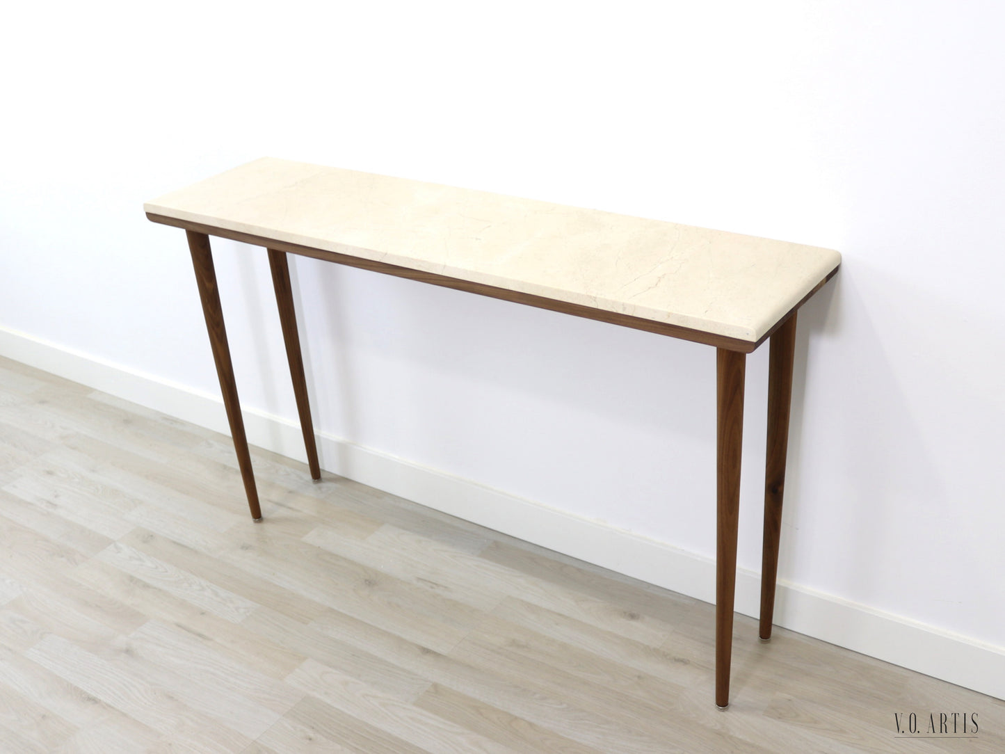 Narrow console table with 4 Legs in solid American Walnut and Marble top