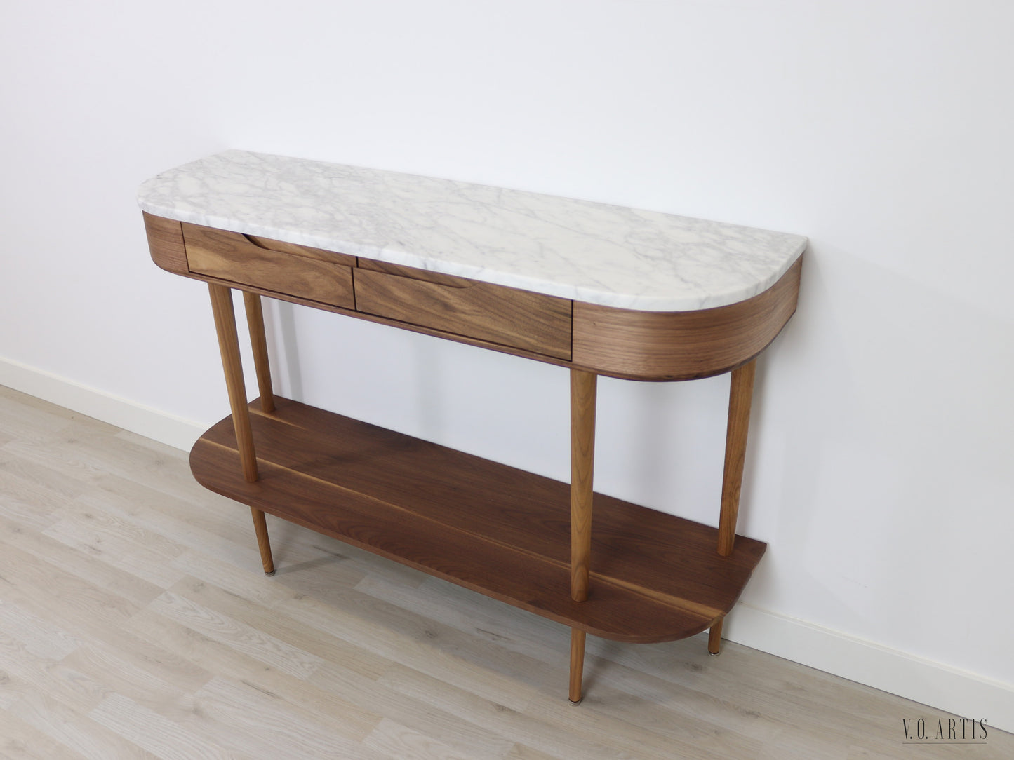 Console Table with 2 drawers, shelf and 4 Legs in solid American Walnut with Marble top