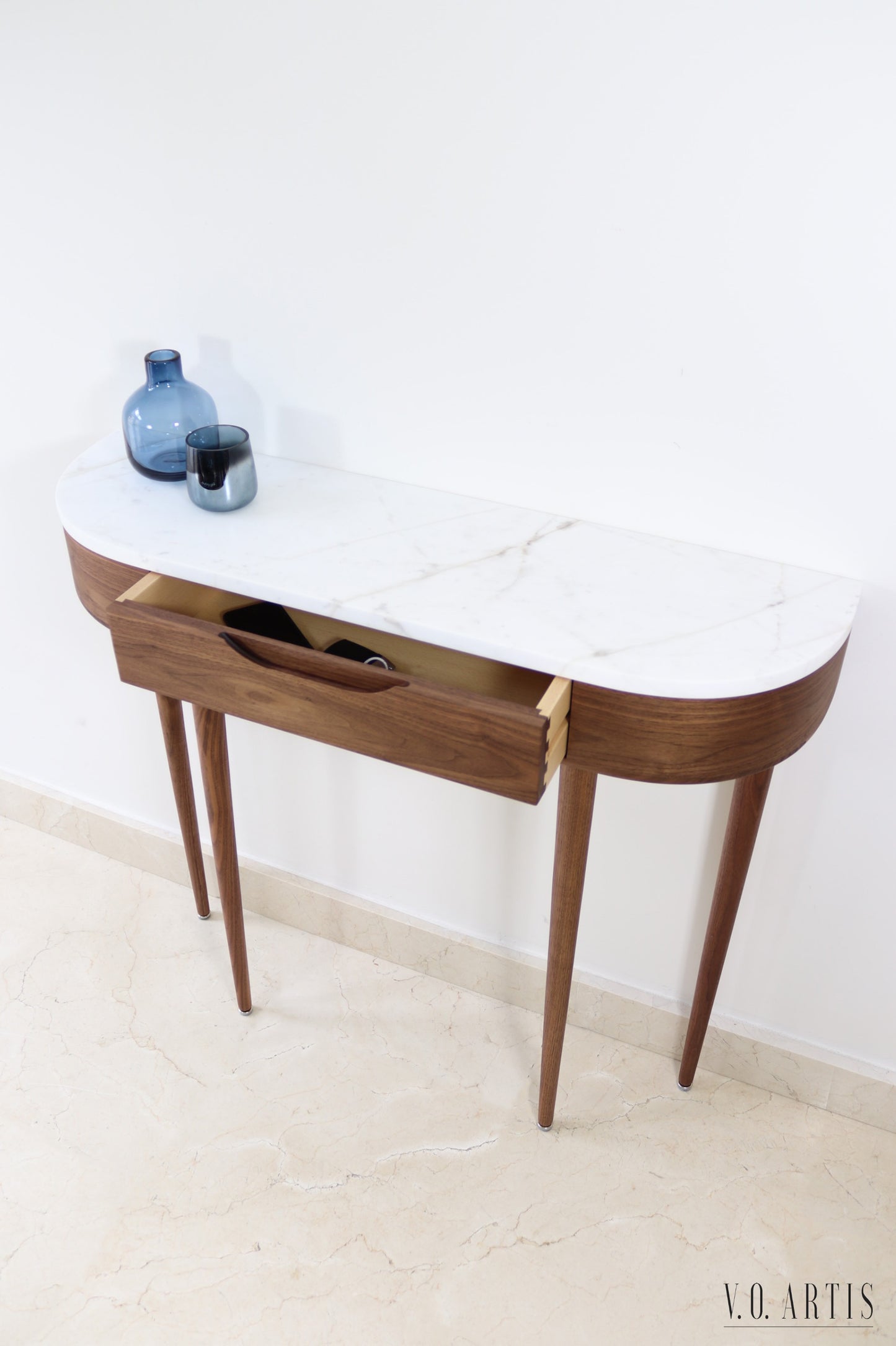 Entryway Console Table with 1 drawer and 4 Legs in solid American Walnut with Marble top