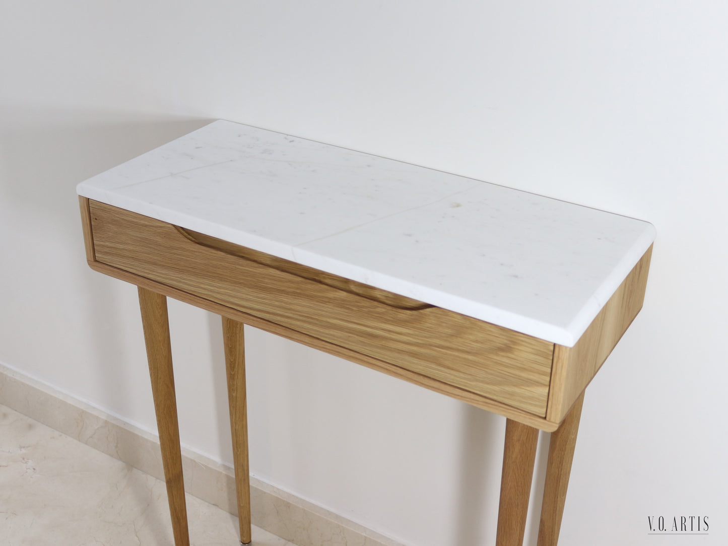 Midcentury console table with 1 drawer and 4 Legs in solid american Oak with Marble top