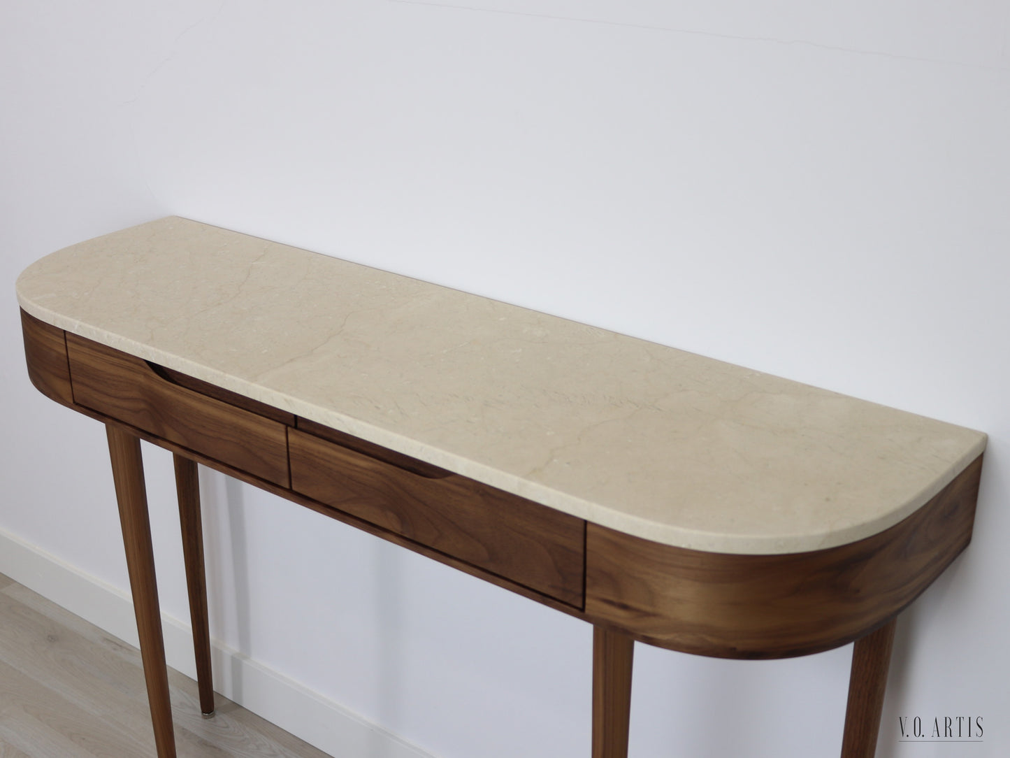 Console Hall Table with 2 drawers and 4 Legs in solid American Walnut with Marble top