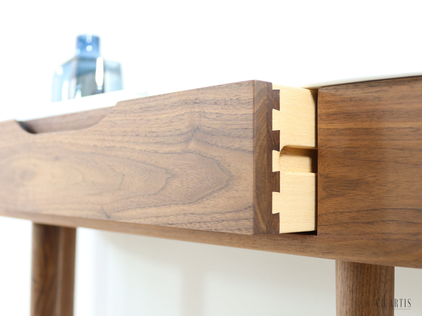 Entryway Console Table with 1 drawer and 4 Legs in solid American Walnut with Marble top