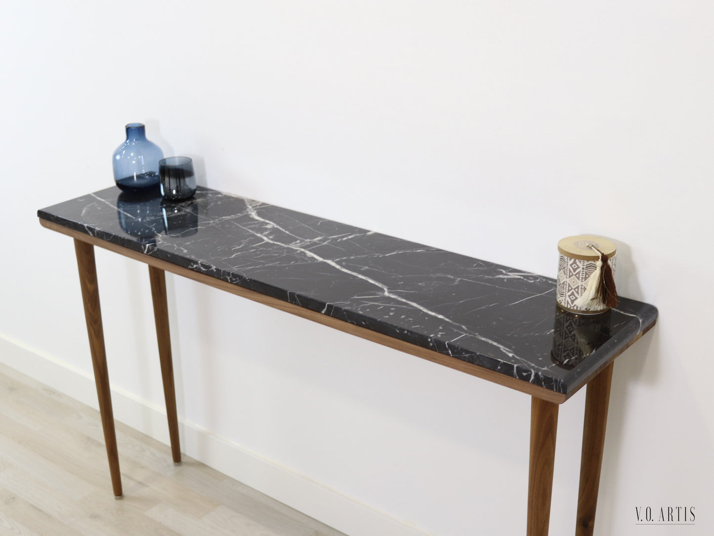 Narrow console table with 4 Legs in solid American Walnut and Marble top