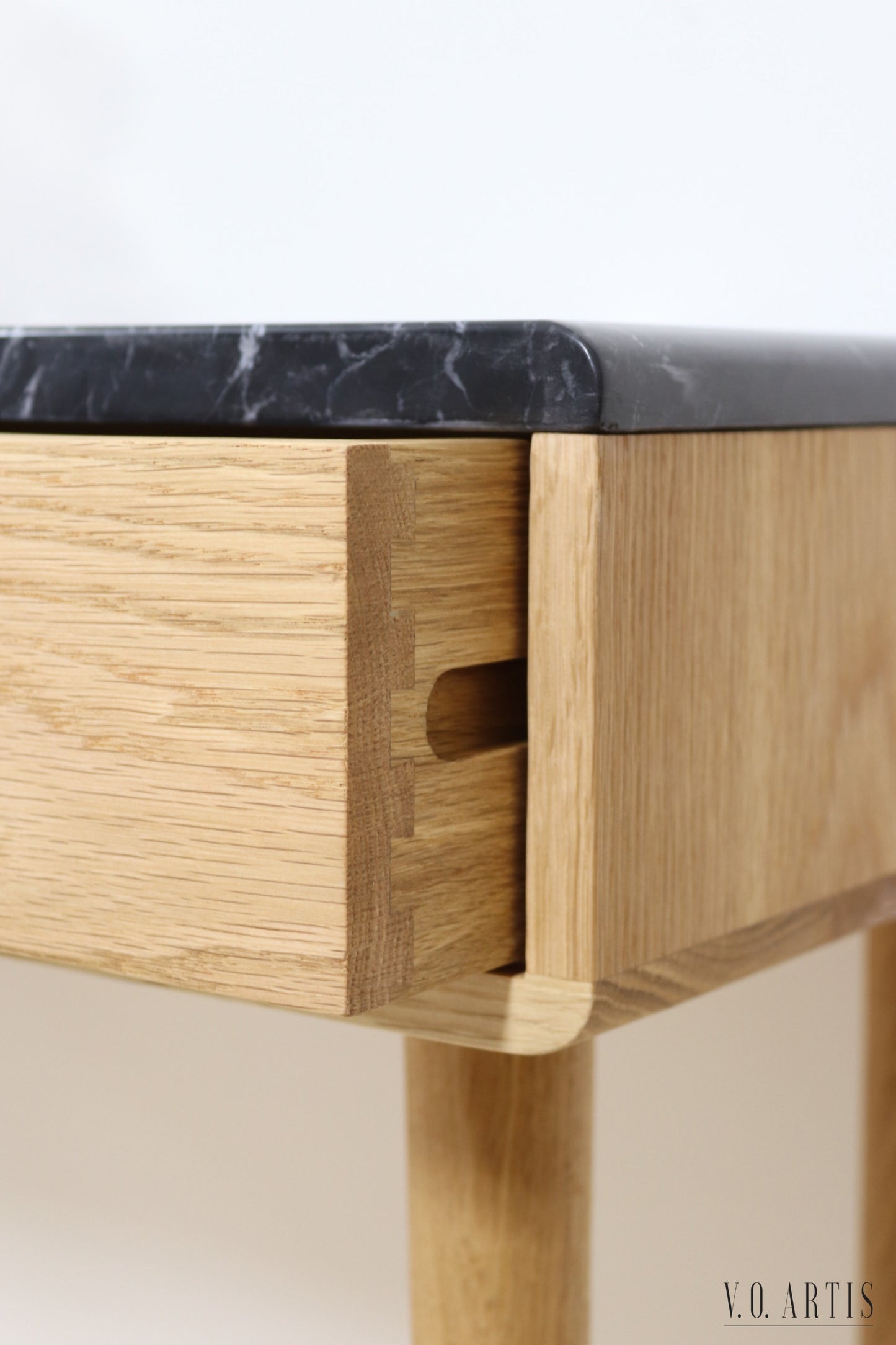 Midcentury console table with 1 drawer and 4 Legs in solid american Oak with Marble top