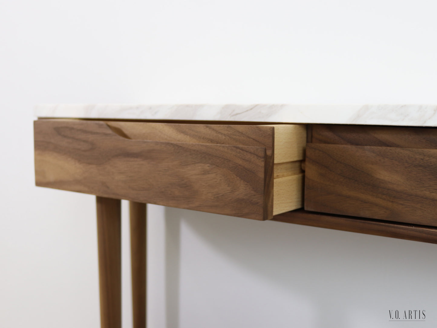 Console Table with 2 drawers, shelf and 4 Legs in solid American Walnut with Marble top