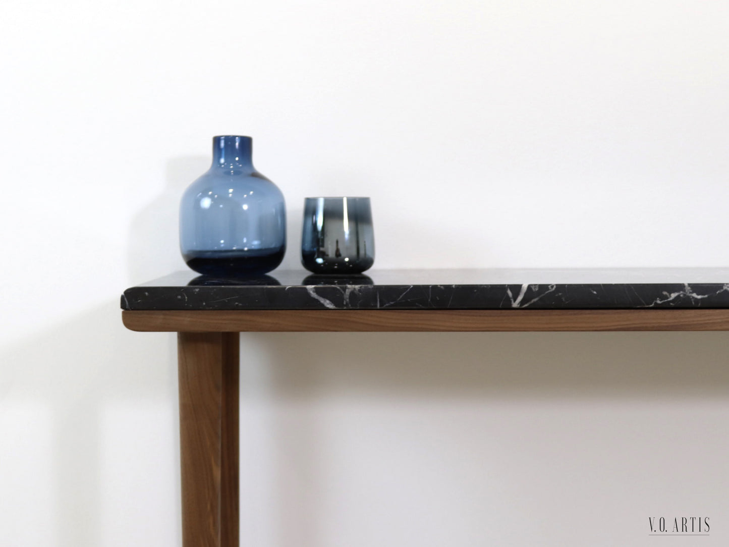 Narrow console table with 4 Legs in solid American Walnut and Marble top