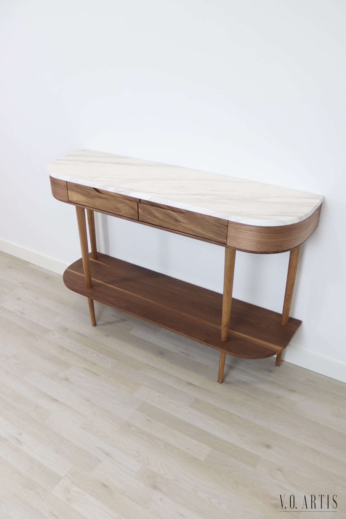 Console Table with 2 drawers, shelf and 4 Legs in solid American Walnut with Marble top