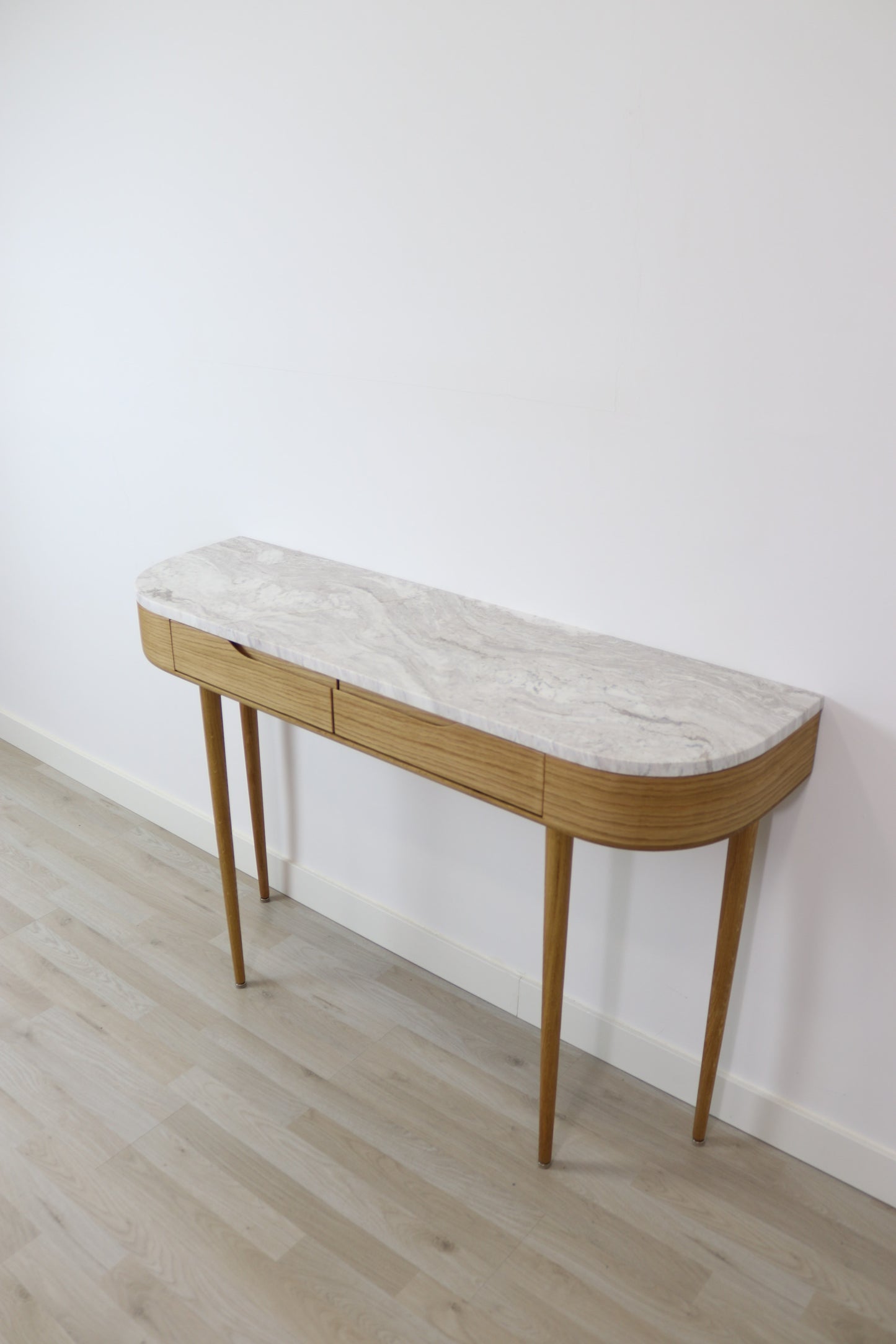 Console Table, entryway furniture with 2 drawers and 4 Legs in solid American Oak with Marble top