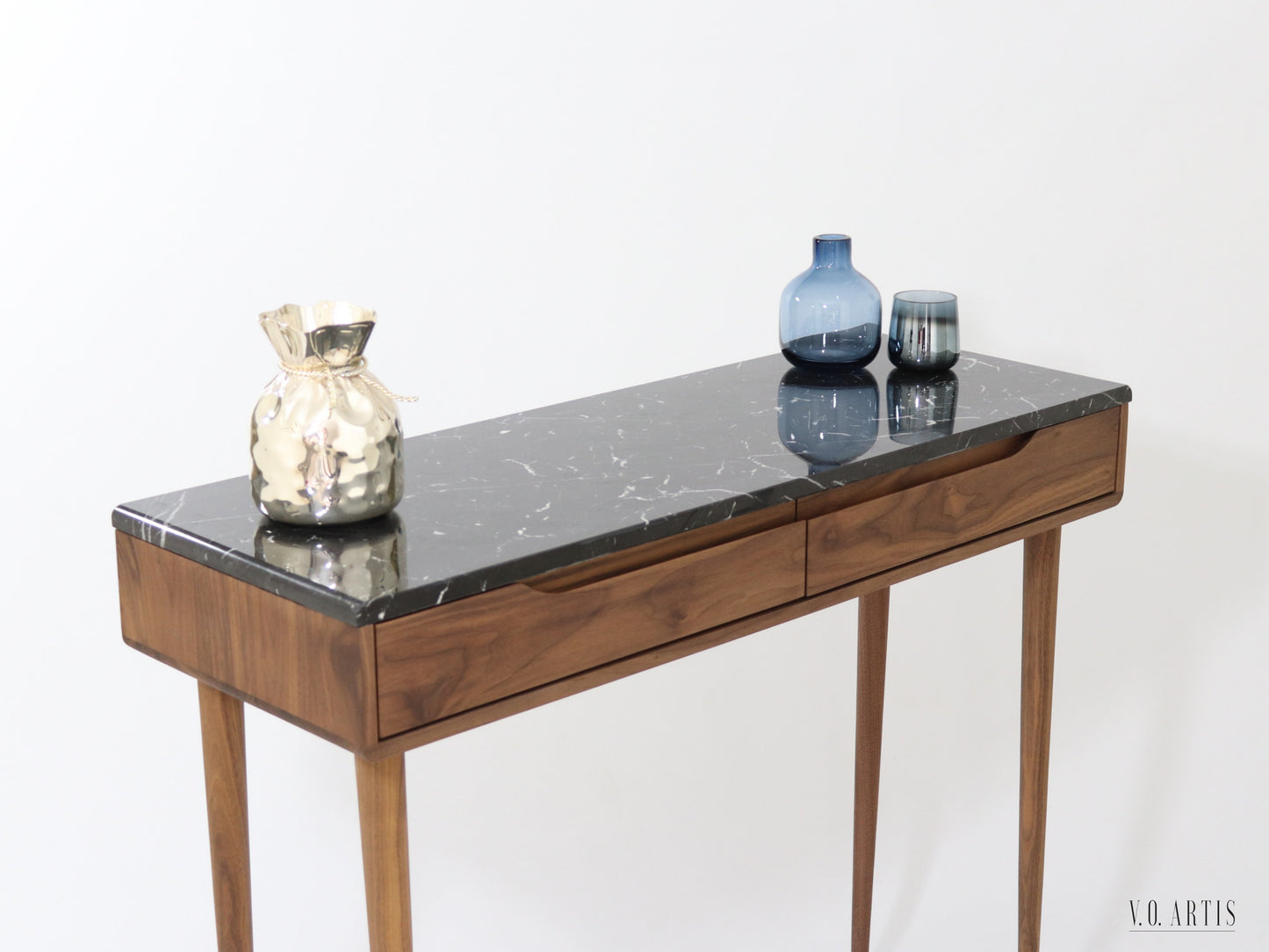 Console Table with 2 drawers and 4 legs in solid american Walnut our Oak with marble top