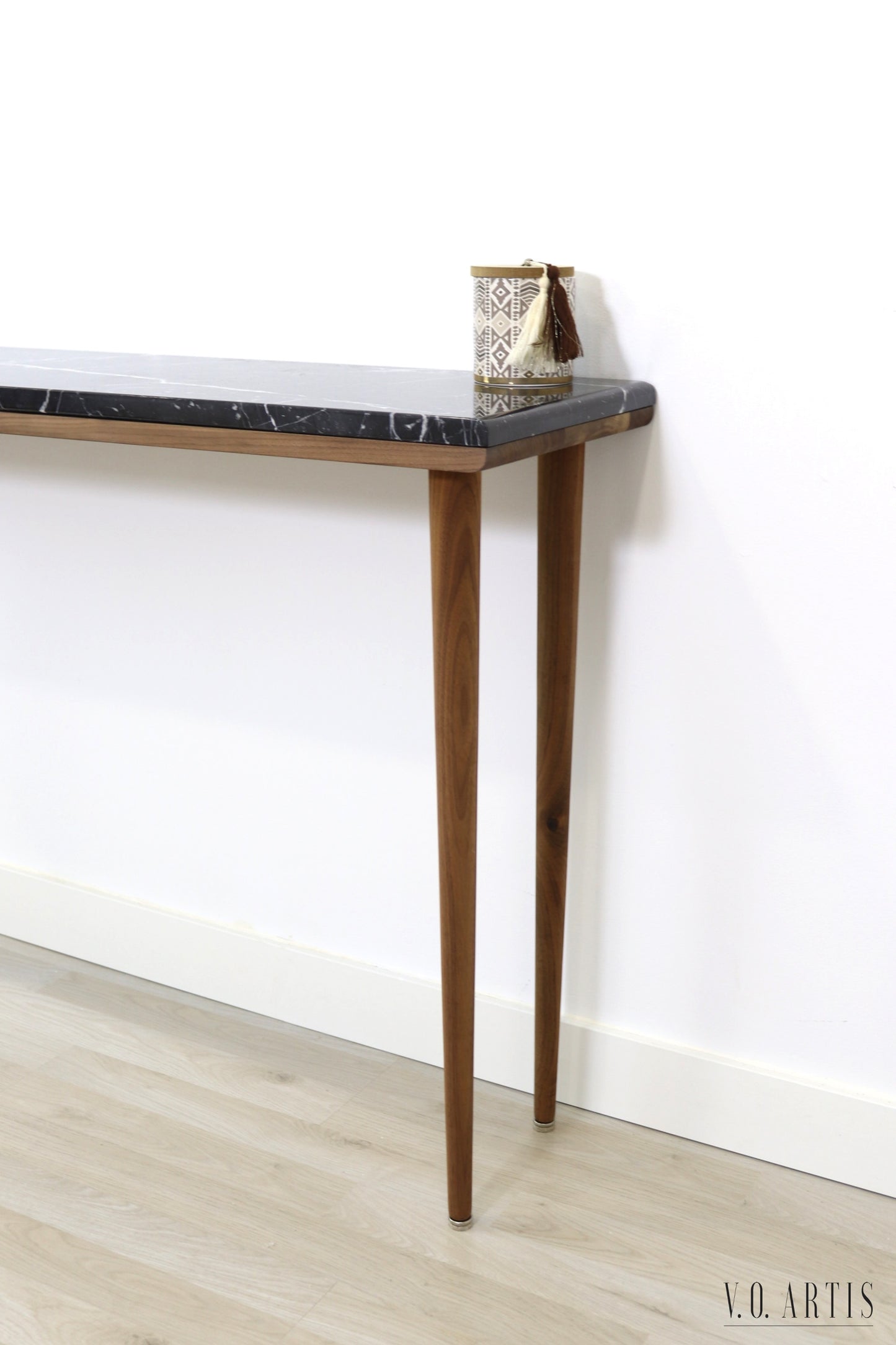 Narrow console table with 4 Legs in solid American Walnut and Marble top