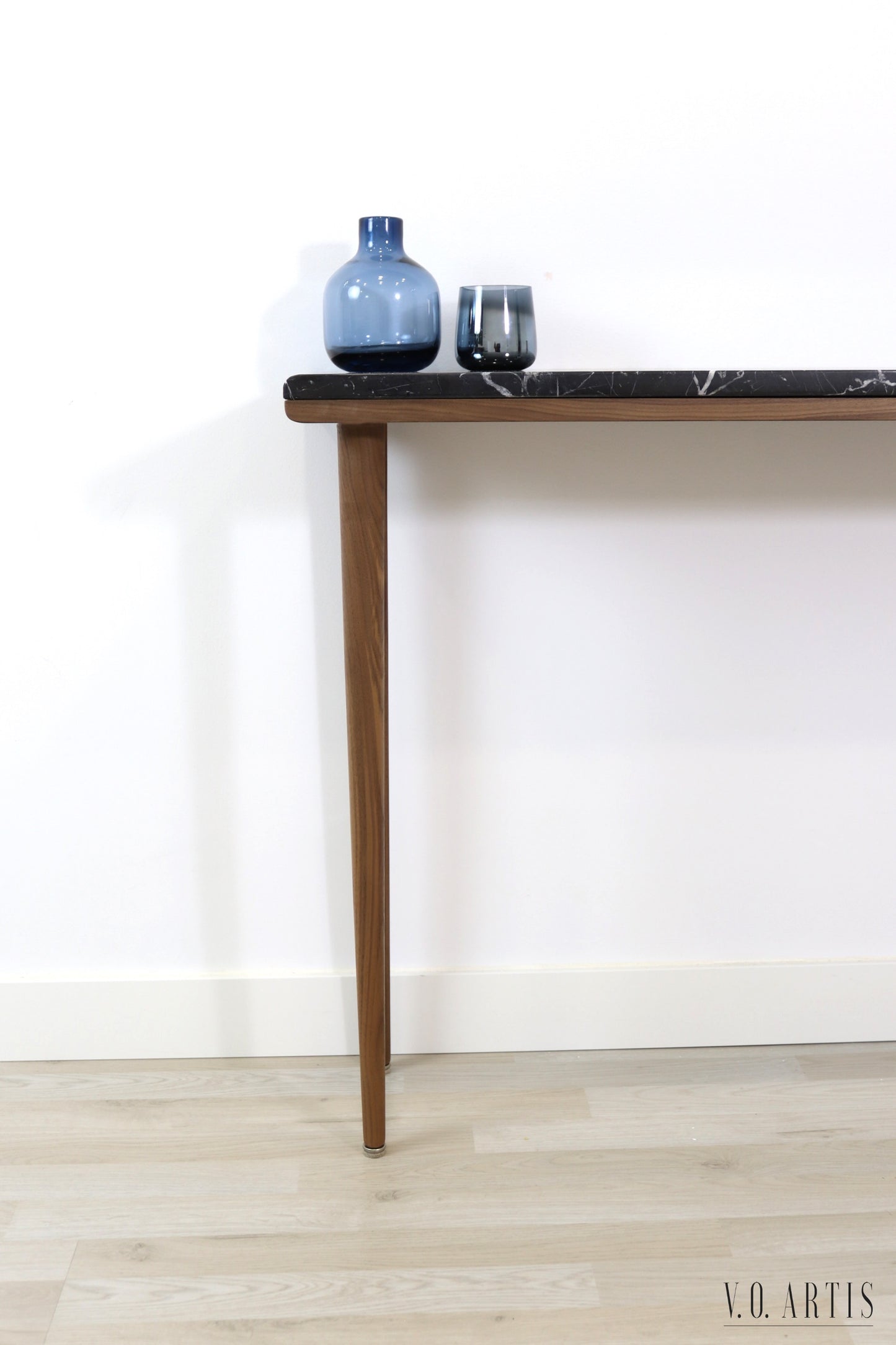 Narrow console table with 4 Legs in solid American Walnut and Marble top