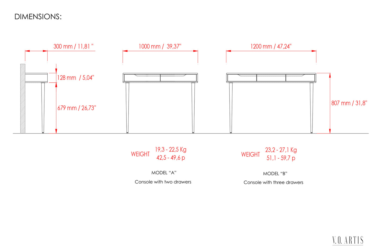 Console table with drawers in solid American walnut and marble top. Entry table with drawers