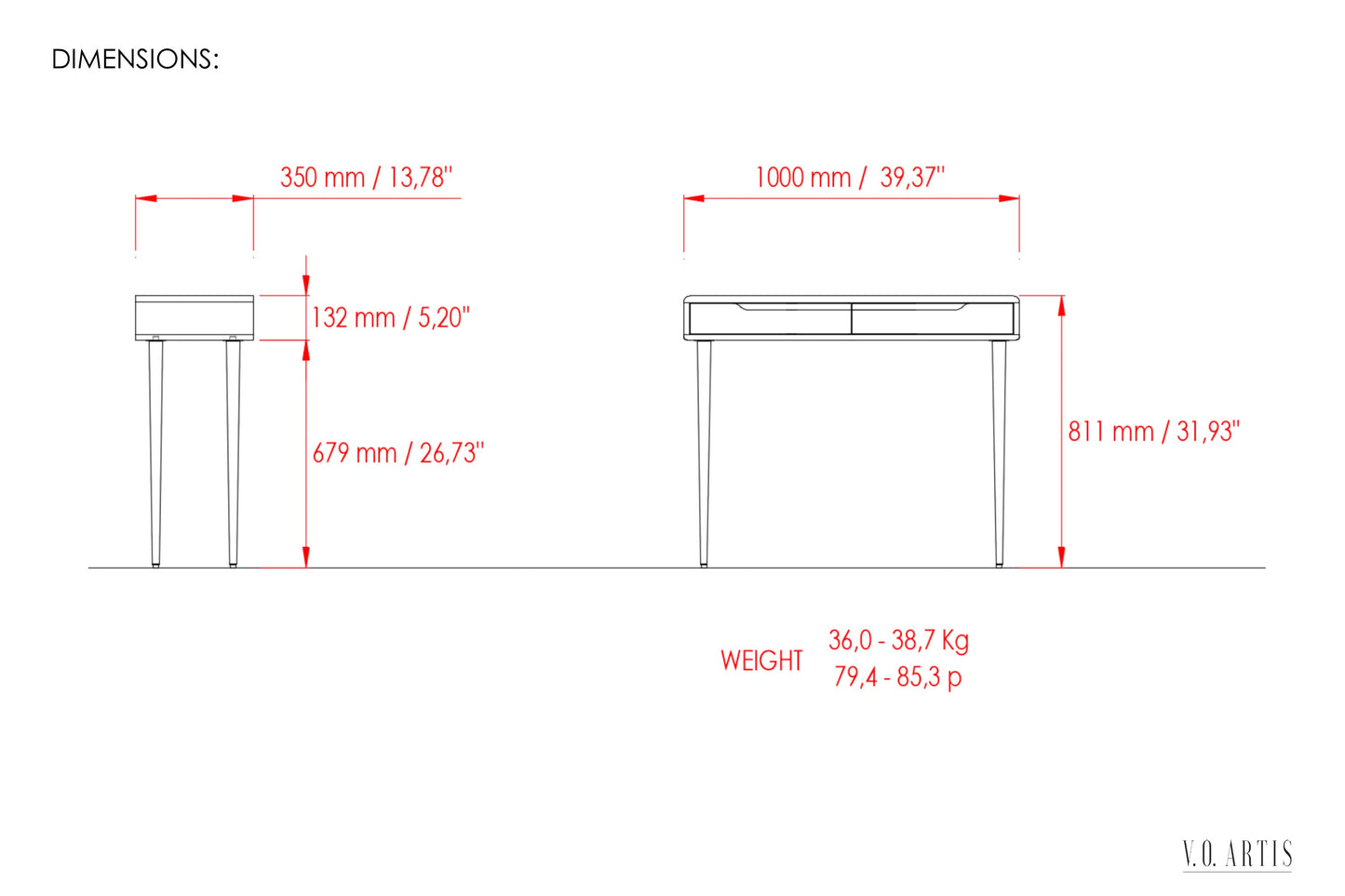 Console Table with 2 drawers and 4 legs in solid american Walnut our Oak with marble top