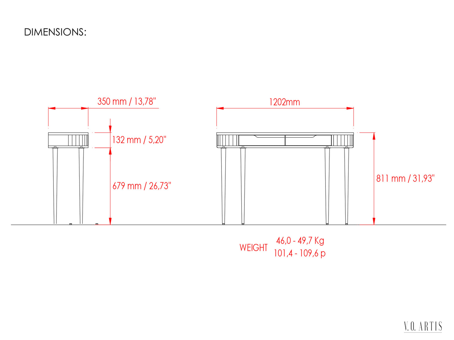 Console Hall Table with 2 drawers and 4 Legs in solid American Walnut with Marble top