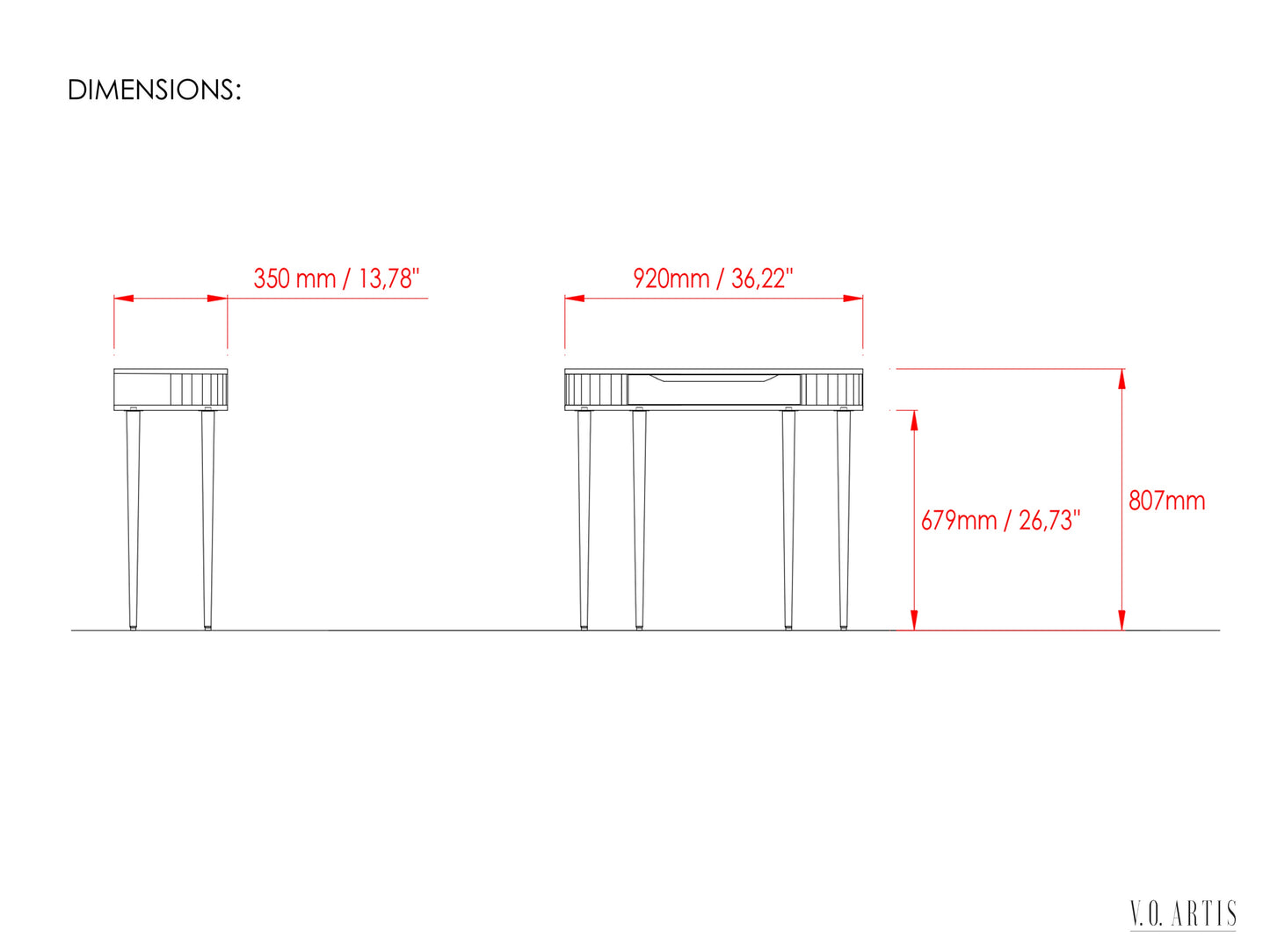 Console Table with drawer and 4 Legs in solid American Oak or Walnut