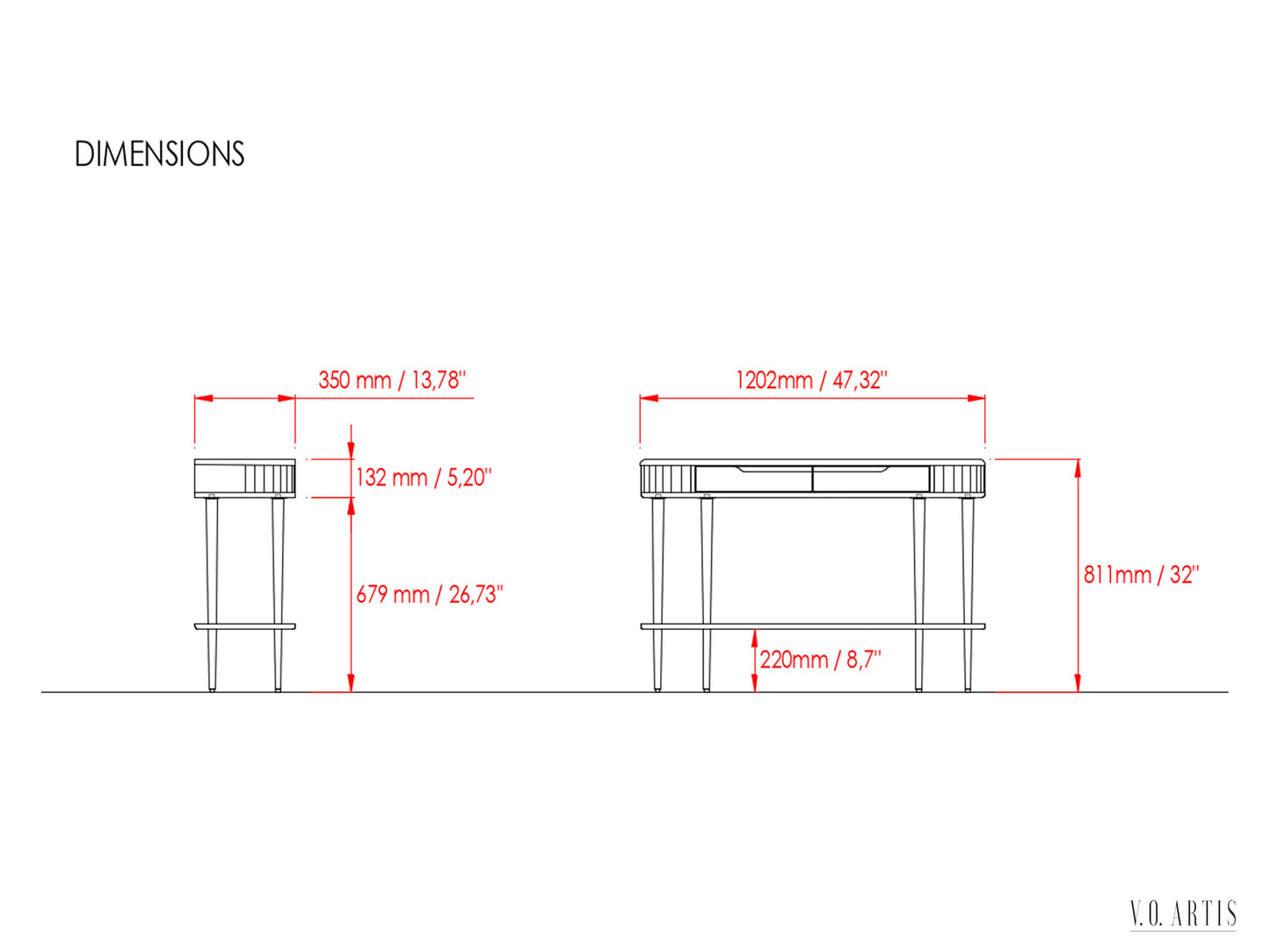 Console Table with 2 drawers, shelf and 4 Legs in solid American Walnut with Marble top