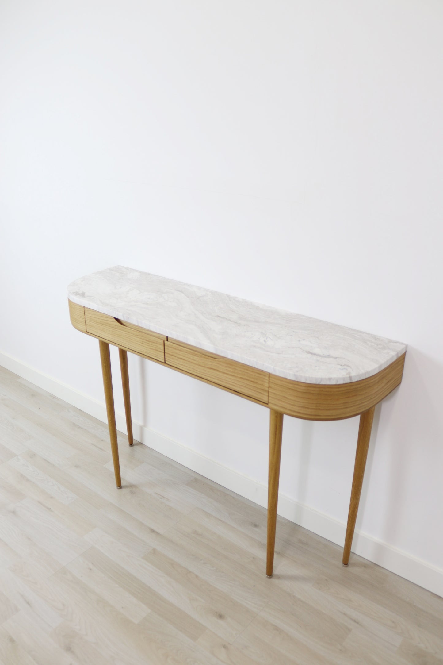 Console Table, entryway furniture with 2 drawers and 4 Legs in solid American Oak with Marble top